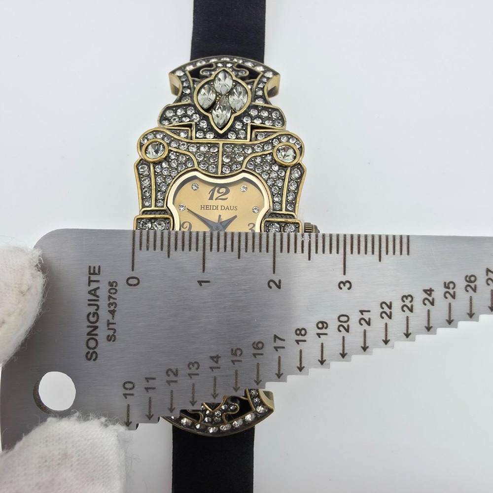 Vtg HEIDI DAUS Ladies Watch SWAROVSKI Crystals Black Leather Band Gold Finish 7" - Picture 12 of 14
